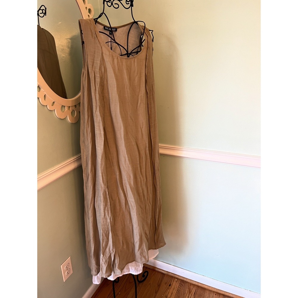 Picadilly Canada Size Small Dress Midi Tan White Layered sleeveless Lagenlook